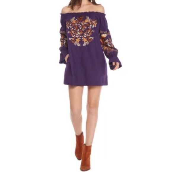 FREE PEOPLE FLEUR DU JOUR BOHO FLORAL OFF SHOULDER EMBROIDERED MINI DRESS SZ. XS - Picture 1 of 5